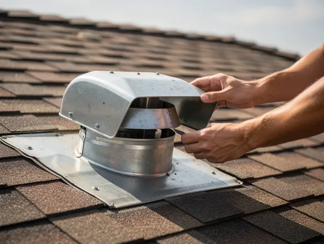 Coventry Dryer Vent Cleaning certified technician safely cleaning a roof-mounted dryer vent in Coventry